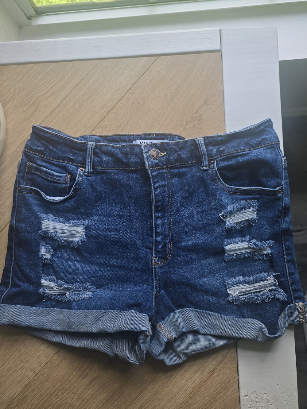 Wax Jean Dark Blue Distressed Rolled Hem Shorts